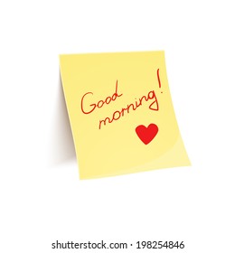 Note to wish good morning glued to wall, beautiful vector illustration of uplifting