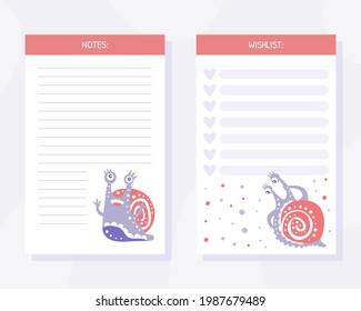 Note and Wishlist Card with Cute Snail Character as Gastropod with Coiled Shell Vector Template