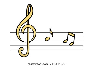 Note writing. On a stave of five lines, a treble clef and notes are drawn. Golden musical signs. Color vector illustration. Cartoon style. Isolated background. Play the melody. Idea for web design.