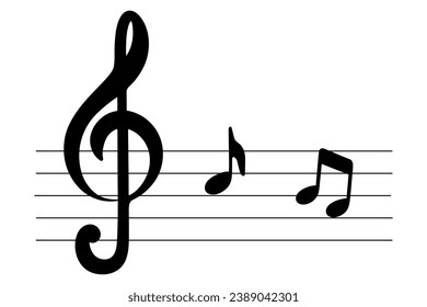 Note writing. Silhouette. On a stave of five lines, a treble clef and notes are drawn. Musical signs. Vector illustration. Isolated background. Play the melody. Idea for web design.