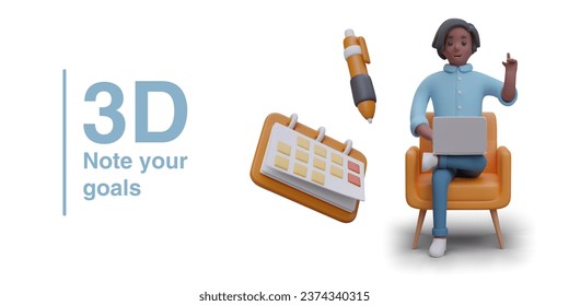 Note your goals. Business planning. Online notebook for ideas. 3D calendar, pen, man in chair with laptop. Digital information base. Electronic diary, planner