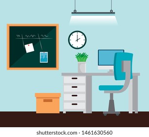 noteboard with computer and desk with chair and clock