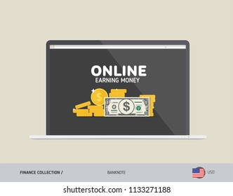 Notebook with 1 US Dollar Banknote. Flat style vector illustration. Finance concept.