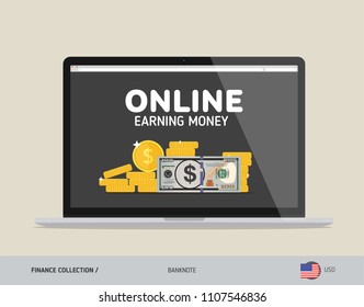 Notebook with 100 US Dollar Banknote. Flat style vector illustration. Finance concept.