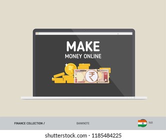 Notebook with 1000 Indian Rupee Banknote. Flat style vector illustration. Finance concept.