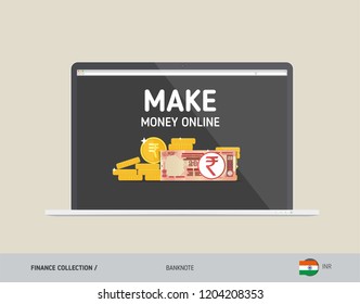 Notebook with 20 Indian Rupee Banknote. Flat style vector illustration. Finance concept.