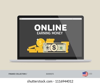 Notebook with 20 US Dollar Banknote. Flat style vector illustration. Finance concept.