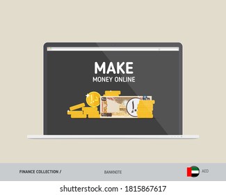 Notebook with 200 United Arab Emirates Dirham banknote. Flat style vector illustration. Finance concept.