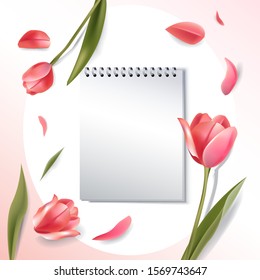 notebook 3d mockup with flowers on background and copy space. realistic fashion banner in romantic woman style. vector illustration