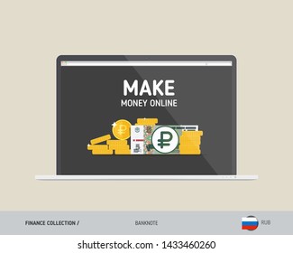 Notebook with 5 Russian Ruble banknote. Flat style vector illustration. Finance concept.
