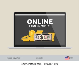 Notebook with 50 US Dollar Banknote. Flat style vector illustration. Finance concept.