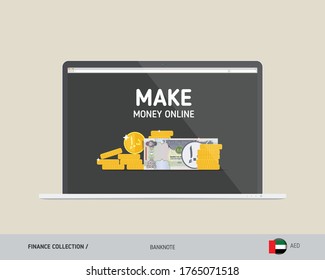 Notebook with 500 United Arab Emirates Dirham banknote. Flat style vector illustration. Finance concept.