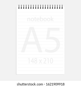 notebook a5 148x210. Realistic white blank notepad paper page template with lines. Mock up cover for business memo diary and empty sketchbook with spirals.