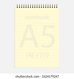 notebook a5 148x210. Realistic yellow blank notepad paper page template with lines. Mock up cover for business memo diary and empty sketchbook with spirals.