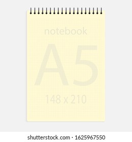 notebook a5 148x210. Realistic yellow blank notepad paper page template with squared lines. Mock up cover for business memo diary and empty sketchbook with spirals.