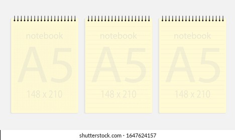 portátil a5 148x210. Plantilla de página de papel en blanco y rótulo amarillo realista con líneas discontinuas y cuadradas. Cubierta para el diario de memo de negocios y el libro de bocetos vacío con espirales.