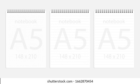 notebook a5 148x210 set. Realistic white blank notepad paper page template with dashed and squared lines. Mock up cover for business memo diary and empty sketchbook with spirals.