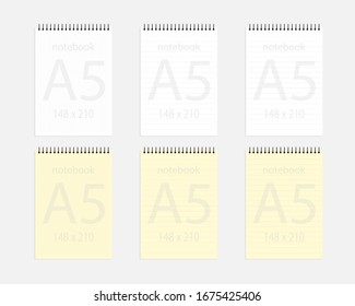 notebook a5 148x210 set. Realistic white and yellow blank notepad paper page template with dashed and squared lines. Mock up cover for business memo diary and empty sketchbook with spirals.