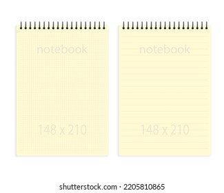 notebook a5 148x210. Yellow blank notepad paper page template with  squared lines. Mock up cover for business memo diary and empty sketchbook with spirals.