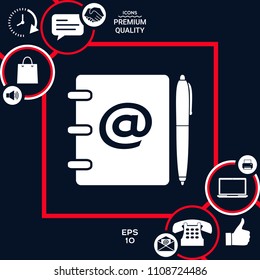 Notebook, address, phone book with email symbol and pen icon