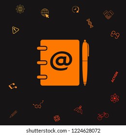 Notebook, address, phone book with email symbol and pen icon. Graphic elements for your design