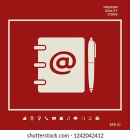 Notebook, address, phone book with email symbol and pen icon. Graphic elements for your design