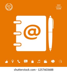 Notebook, address, phone book with email symbol and pen icon. Graphic elements for your design