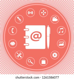 Notebook, address, phone book with email symbol and pen icon. Graphic elements for your design