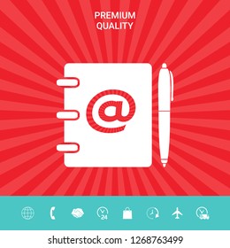 Notebook, address, phone book with email symbol and pen icon. Graphic elements for your design