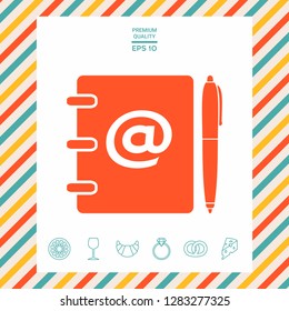 Notebook, address, phone book with email symbol and pen icon. Graphic elements for your design
