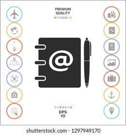 Notebook, address, phone book with email symbol and pen icon. Graphic elements for your design