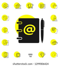 Notebook, address, phone book with email symbol and pen icon. Graphic elements for your design