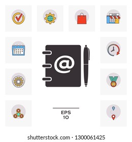 Notebook, address, phone book with email symbol and pen icon. Graphic elements for your design