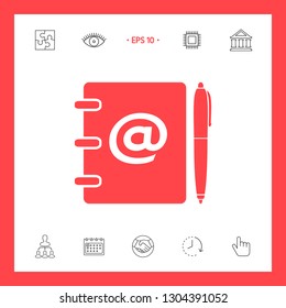 Notebook, address, phone book with email symbol and pen icon. Graphic elements for your design