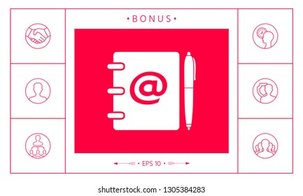 Notebook, address, phone book with email symbol and pen icon. Graphic elements for your design
