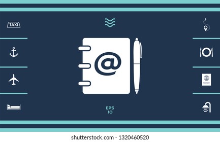 Notebook, address, phone book with email symbol and pen icon. Graphic elements for your design