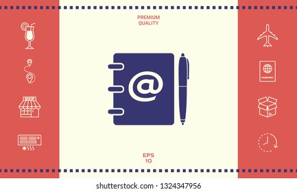 Notebook, address, phone book with email symbol and pen icon. Graphic elements for your design