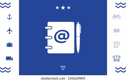 Notebook, address, phone book with email symbol and pen icon. Graphic elements for your design