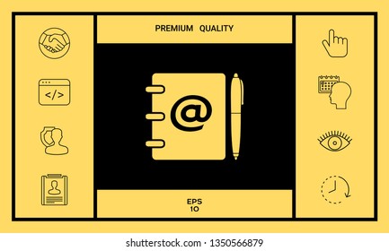 Notebook, address, phone book with email symbol and pen icon. Graphic elements for your design