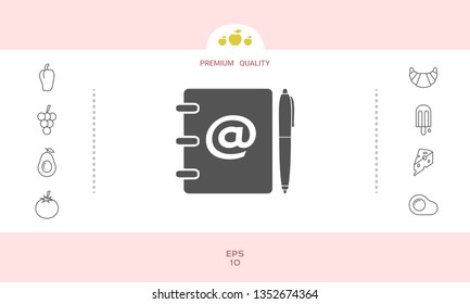 Notebook, address, phone book with email symbol and pen icon. Graphic elements for your design