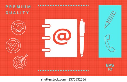 Notebook, address, phone book with email symbol and pen icon. Graphic elements for your design