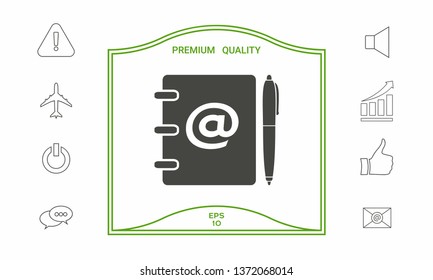 Notebook, address, phone book with email symbol and pen icon. Graphic elements for your design