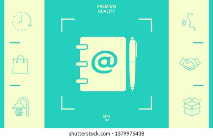 Notebook, address, phone book with email symbol and pen icon. Graphic elements for your design