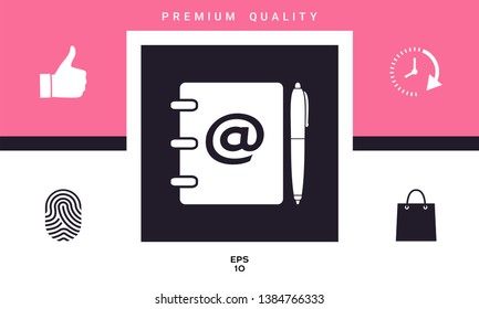 Notebook, address, phone book with email symbol and pen icon. Graphic elements for your design