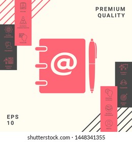 Notebook, address, phone book with email symbol and pen icon. Graphic elements for your design