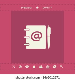 Notebook, address, phone book with email symbol and pen icon. Graphic elements for your design