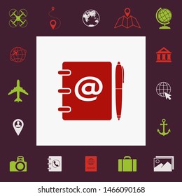 Notebook, address, phone book with email symbol and pen icon. Graphic elements for your design