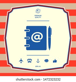 Notebook, address, phone book with email symbol and pen icon. Graphic elements for your design