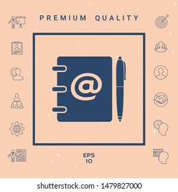 Notebook, address, phone book with email symbol and pen icon. Graphic elements for your design