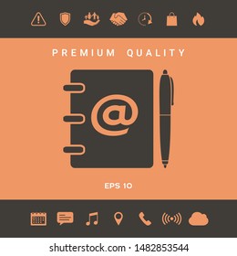 Notebook, address, phone book with email symbol and pen icon. Graphic elements for your design